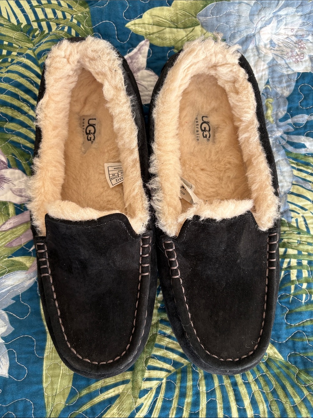 UGG Black Suede Moccasin Slippers with Cream Shearling